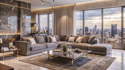Luxurious modern living room features sleek dark grey sofa, marble coffee table, and floor-to-ceiling windows with City skyline view.