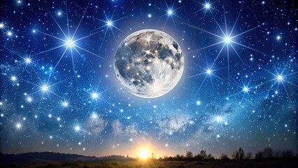 Naklejka premium Clear night sky with a bright full moon and sparkling stars, night, sky, moon, stars, full, bright, clear, nature