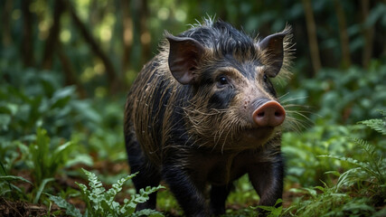 Rare Visayan warty pig foraging in lush Philippine rainforest
