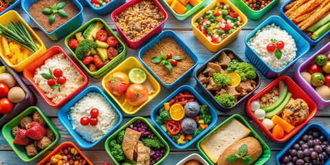 Vibrant lunchboxes from diverse cultures, filled with nutritious foods, decorate a table, celebrating global culinary exchange, nutrition awareness, and cultural understanding on School Meals Day.