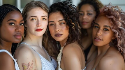 Obraz premium Group of women with different body and ethnicity posing together to show the woman power and strength. Curvy and skinny kind of female body concept. 