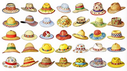 Vibrant colorful vector illustration of assorted stylish summer hats including panamas, caps, baseball, cowboy, and straw hats on white background.