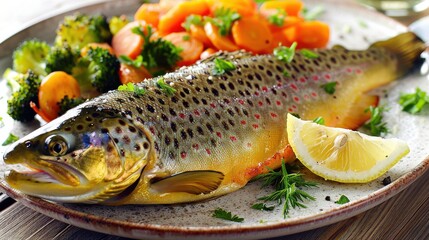 Delicious Grilled Trout Fillet Served with Steamed Vegetables and Lemon on a Plate - A Healthy and Flavorful Seafood Dish Recipe