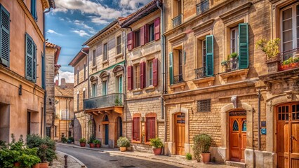 Obraz premium Ancient Roman architecture adorns sun-kissed narrow streets lined with vibrant shutters and centuries-old stone buildings in Arles historic town center
