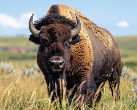 Majestic American Bison Grazing in the Open Plains on a Sunny Day with Blue Sky and Distant Hills in the Background
