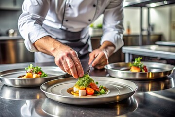 Delicious gourmet dish being carefully arranged on a stylish plate by unseen hands in a sleek, modern, stainless steel professional kitchen environment.
