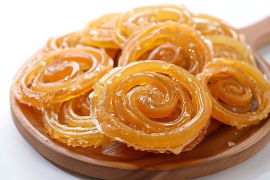 Board and plate of tasty Jalebi with on white background.