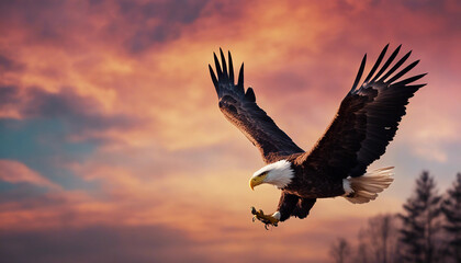 bald eagle soaring in the sky with wings spread, dramatic sunset colors