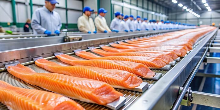 Fresh salmon fillets move along a stainless steel industrial conveyor belt, surrounded by machinery and pipes, in a busy fish processing factory setting.