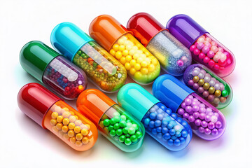 Vibrant illustration of B complex vitamins, showcasing eight colorful pills or capsules labeled B1, B2, B3, B5, B6, B7, B9, and B12 on white background.