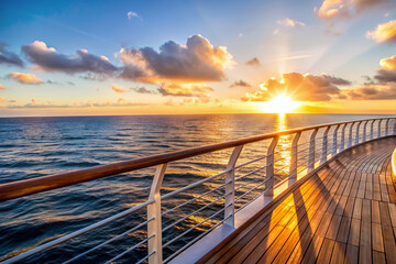 Warm golden light of sunset illuminates the wooden deck and railing of a luxury cruise ship, overlooking the endless blue ocean with a serene horizon.