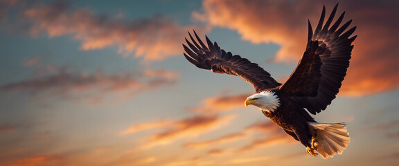bald eagle soaring in the sky with wings spread, dramatic sunset colors