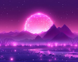 Fantasy Landscape with Majestic Pink Neon Moon Over Mountain Range and Starry Night Sky Illuminating Ethereal Purple Glow