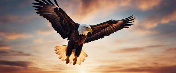 bald eagle soaring in the sky with wings spread, dramatic sunset colors