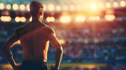 Marathon race winner raising hands in triumph on track. Racer and team cheering from the sidelines. Back view capturing the champion's victory.
