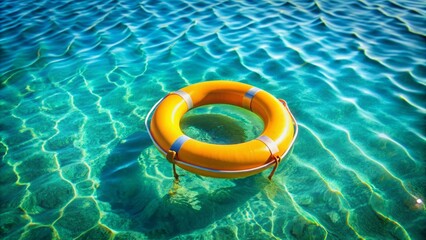 A solitary bright yellow inflated three-dimensional lifesaver floating isolated on a calm turquoise water surface with subtle ripples.