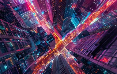 Aerial view of a vibrant cityscape at night. Colorful lights illuminate the bustling streets and towering skyscrapers in a modern urban environment.