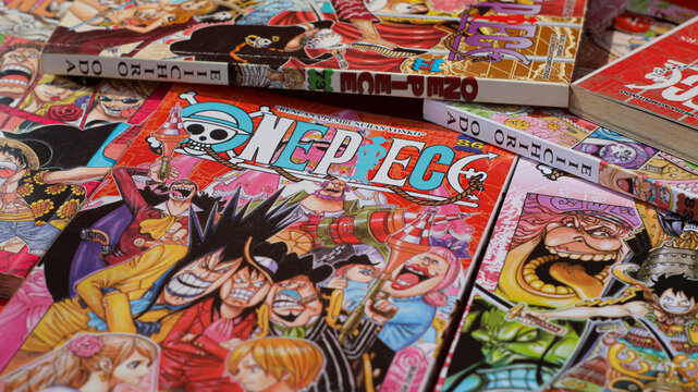 Banjar, Indonesia - August 21, 2022:  Japanese Manga One Piece - comic book published in Weekly Shonen Jump Magazine.