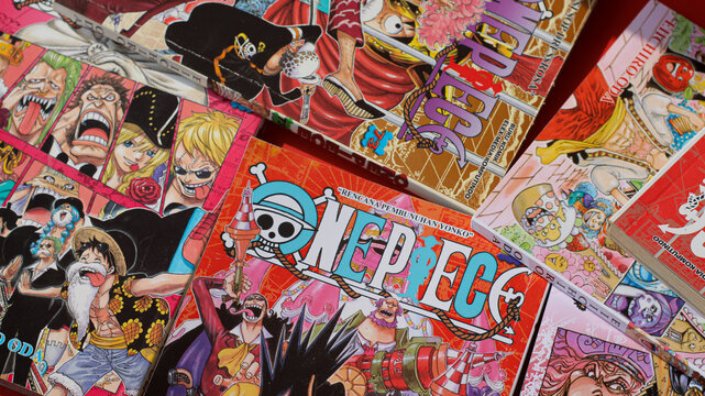 Banjar, Indonesia - August 21, 2022:  Japanese Manga One Piece - comic book published in Weekly Shonen Jump Magazine.