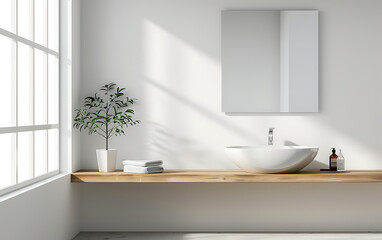 Interior of modern bathroom with white bathtub, round mirror and white towel on wooden shelf