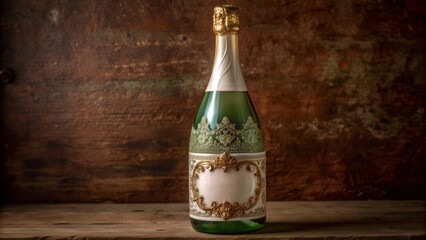 Luxurious, isolated, white and green glass champagne bottle with ornate white label, adorned with golden accents, against a dark background.