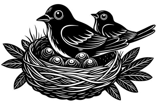 black birds in nest with eggs clip art preview