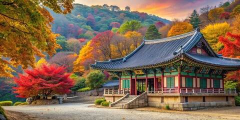 Obraz premium Peaceful Korean temple surrounded by vibrant autumn foliage , Buddhism, architecture, autumn, fall, serene, peaceful