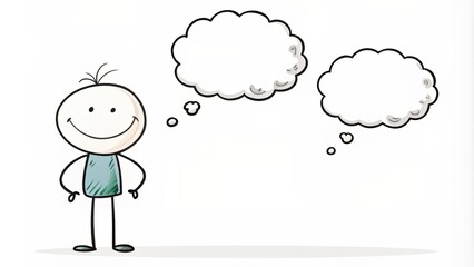 Whimsical cartoon stick figure with blank thought bubbles stands alone on white background, conveying humor and creative freedom.