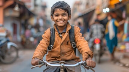 Obraz premium Happy Indian Schoolboy Riding His Bike Home, Enjoying Daily Commute. Back to School concept.