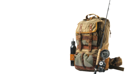 fishing backpack with fishing rod on a transparent background
