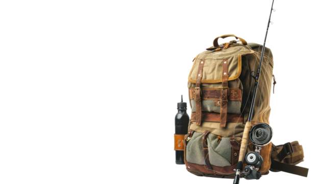 fishing backpack with fishing rod on a transparent background