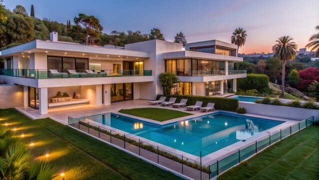 Majestic ultramodern estate with sleek lines, lavish gardens, and sparkling pool, set amidst lush greenery on Bel Air Road, LA.