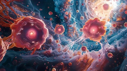 White blood cells depicted as glowing orbs traveling through a blood vessel.