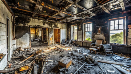Charred walls, soot-covered ceilings, and burnt debris litter the floor of a residential property, evidence of devastating fire damage, with smoke stains and strong odor lingering.