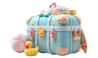 Cute suitcase with stuffs for holiday isolated on a transparent background for web, banner, wallpaper