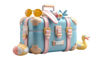 Cute suitcase with stuffs for holiday isolated on a transparent background for web, banner, wallpaper