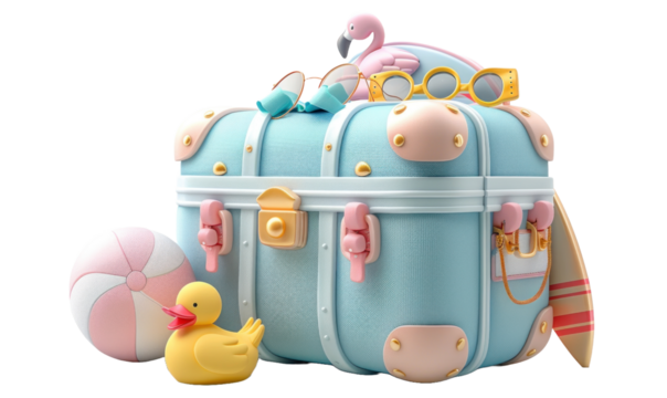 Cute suitcase with stuffs for holiday isolated on a transparent background for web, banner, wallpaper