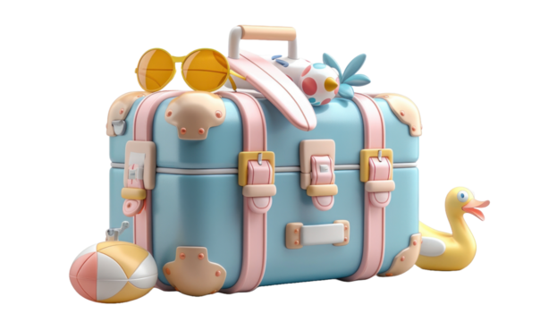 Cute suitcase with stuffs for holiday isolated on a transparent background for web, banner, wallpaper