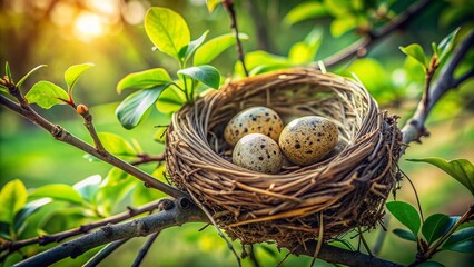 Fototapeta premium A serene bird's nest with three speckled eggs, surrounded by twigs and leaves, perched on a sturdy branch in nature.
