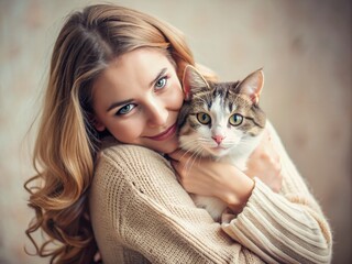 Sincere , candid portrait of a young woman hugging her pet cat. pastel colors.  Cozy atmosphere