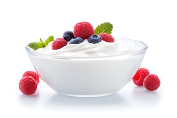 White yogurt with raspberries in a bowl isolated on white background