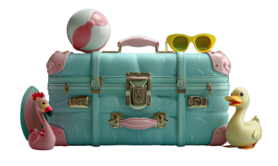 Cute suitcase with stuffs for holiday isolated on a transparent background for web, banner, wallpaper