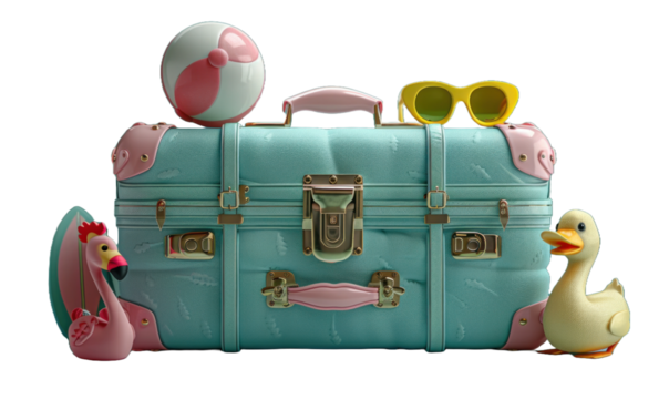 Cute suitcase with stuffs for holiday isolated on a transparent background for web, banner, wallpaper