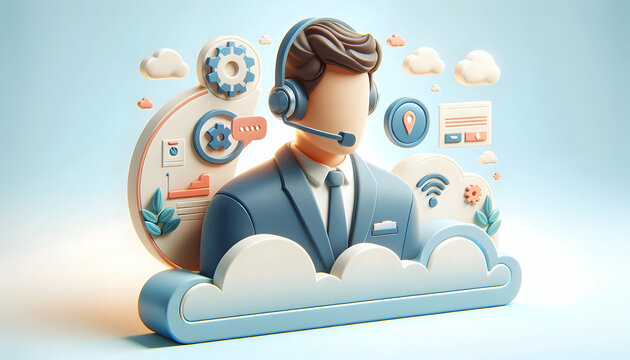 A customer support 3D flat icon with headset and computer on whimsical background, ideal for customer service and business support concept, isolated on white