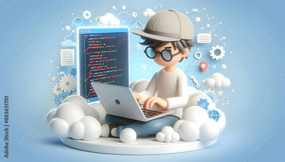 Poster 3d flat icon of developer coding on laptop | software development business technology concept with d