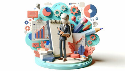 3D Flat Icon: Designer with Sketchpad and Planning Chart Concept for Creative Design and Business Planning   Isolated White Background