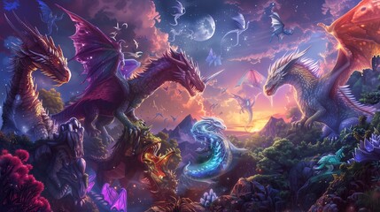 Majestic Dragons in a Moonlit Fantasy Landscape, Detailed Illustration background