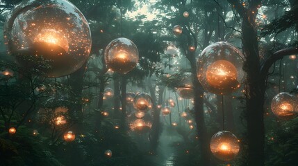 Lymph nodes as glowing, floating orbs connected by shimmering pathways, set in a mystical forest.