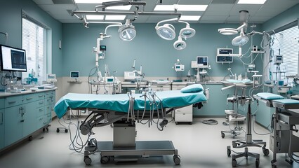 A hospital room with a blue bed and a green curtain