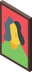 Abstract portrait painting representing a person with black hair on a red background in a modern art gallery